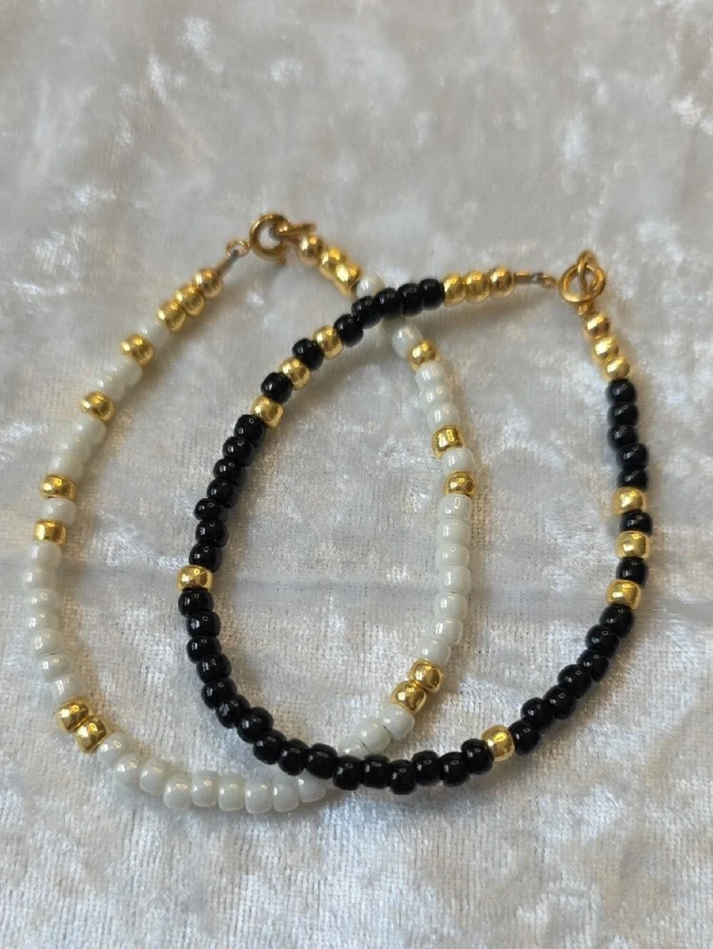 Black & White Bead Bracelet Set with Gold Accents Bohemian, Beachy